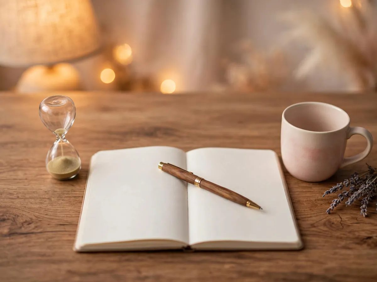 An open blank journal with a pen and a small sand timer on a wooden desk in warm evening lamp light.