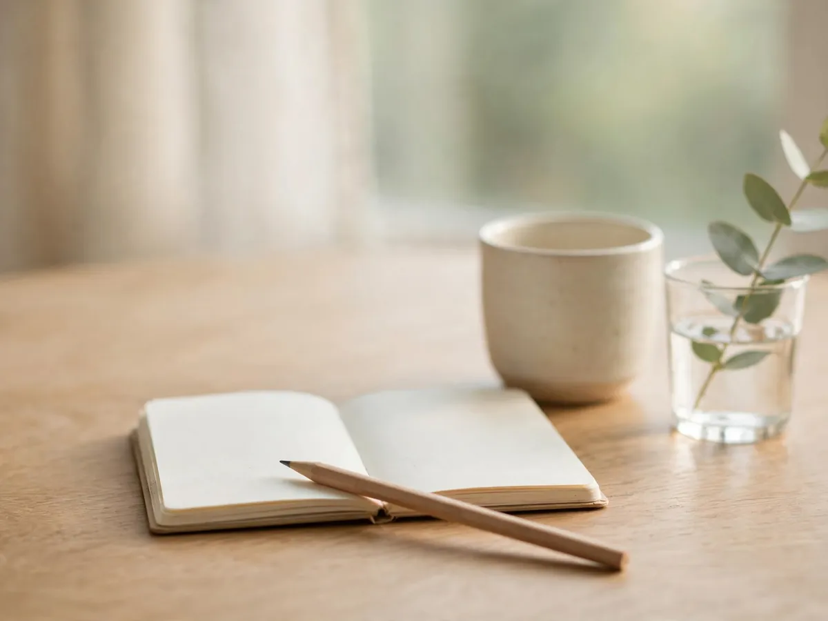 Um caderno aberto com páginas em branco e um lápis sobre uma mesa de madeira clara na luz suave da manhã, ao lado de uma xícara e um raminho de eucalipto.