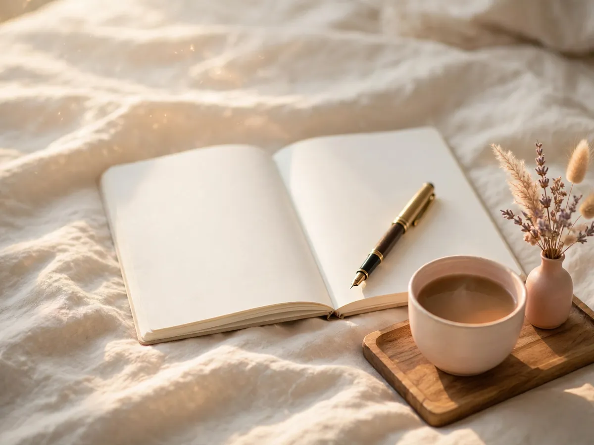 An open blank notebook and a pen on a linen bedspread in soft morning light, with a cup of tea beside it.