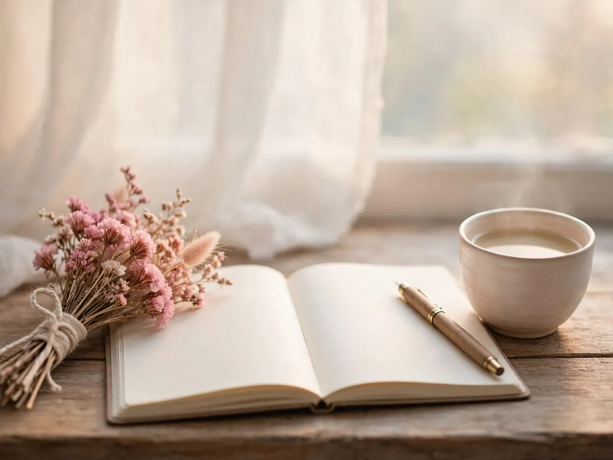 An open journal, a cup of tea and dried flowers on a windowsill in soft morning light